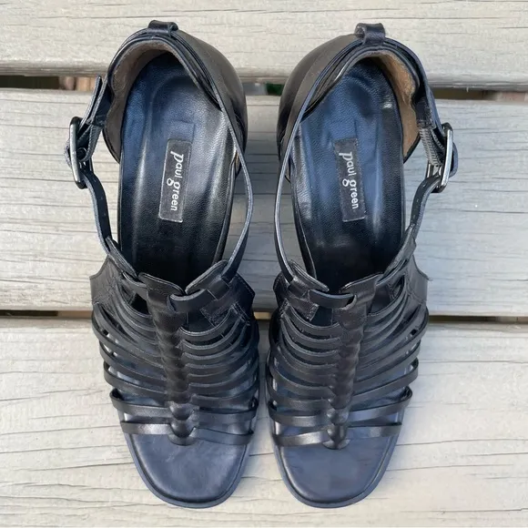 Paul Green Christy Black Caged Strappy Heels Sandals Shoes size 9