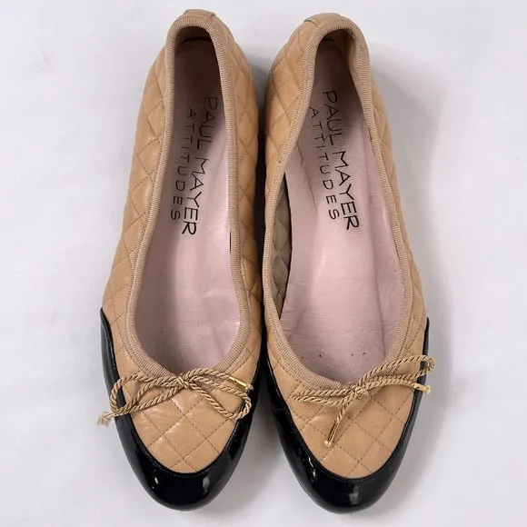 Paul Mayer Attitudes Cozy Tan Quilted Leather Patent Cap Toe Bow Flats Shoes 7.5