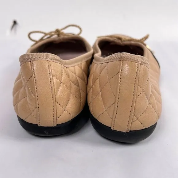 Paul Mayer Attitudes Cozy Tan Quilted Leather Patent Cap Toe Bow Flats Shoes 7.5