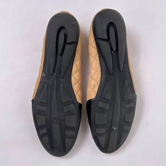 Paul Mayer Attitudes Cozy Tan Quilted Leather Patent Cap Toe Bow Flats Shoes 7.5