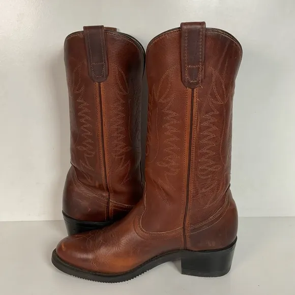 PD Tuff Brown Pull On Work Boots 8 EE USA Made Western Soft Toe