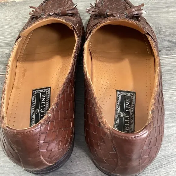 Pelle Line Slip On Loafer Mens 11M Woven Leather Tassel Dress Shoe Brown Spain