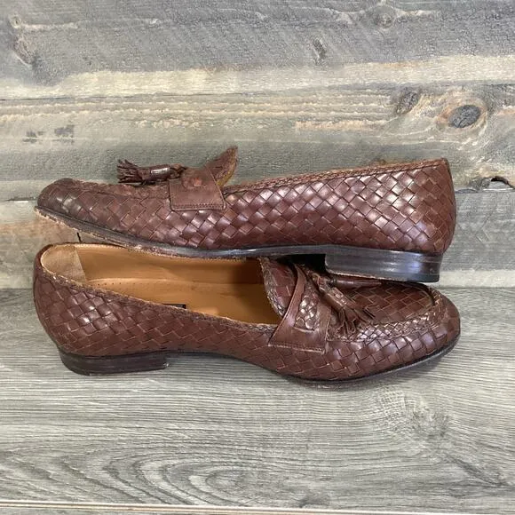 Pelle Line Slip On Loafer Mens 11M Woven Leather Tassel Dress Shoe Brown Spain