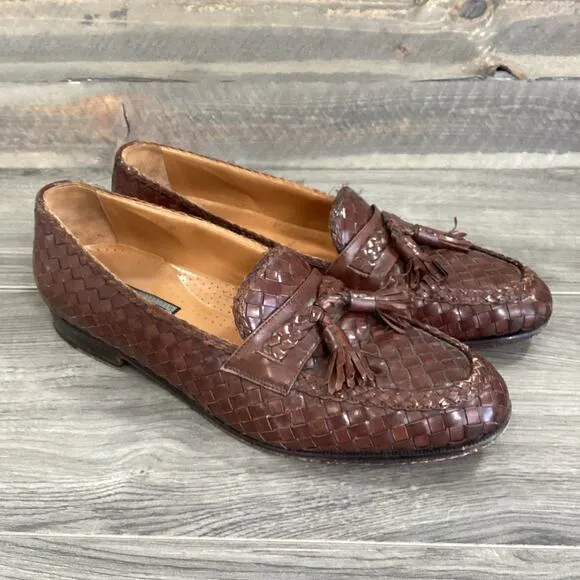 Pelle Line Slip On Loafer Mens 11M Woven Leather Tassel Dress Shoe Brown Spain