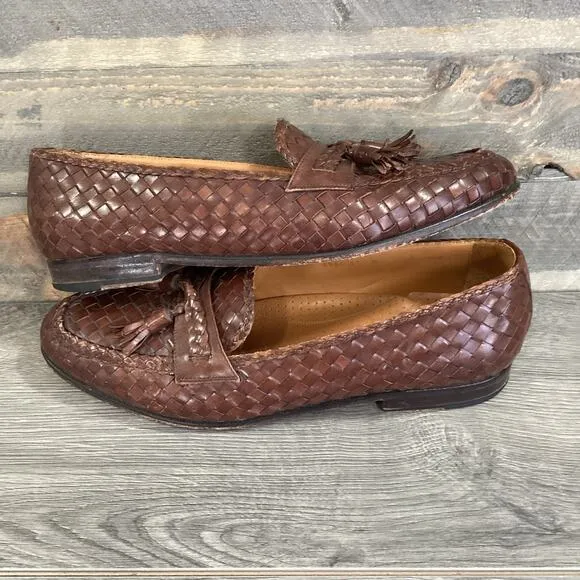 Pelle Line Slip On Loafer Mens 11M Woven Leather Tassel Dress Shoe Brown Spain