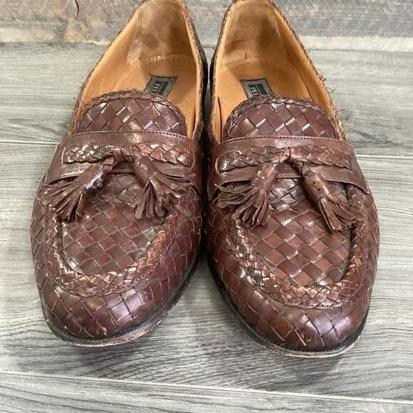 Pelle Line Slip On Loafer Mens 11M Woven Leather Tassel Dress Shoe Brown Spain