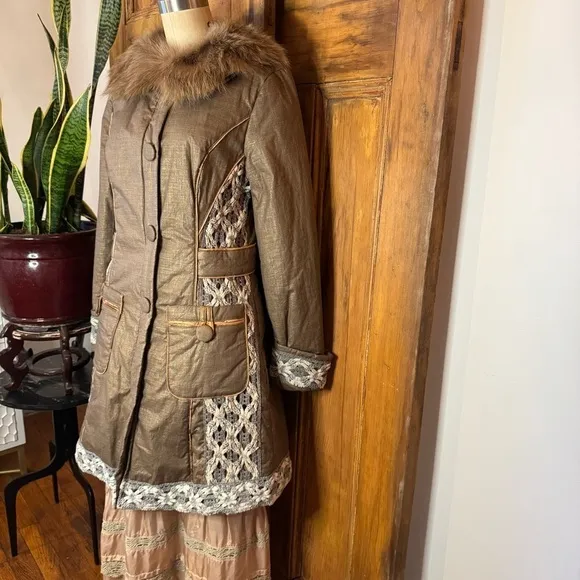 Penny Lane fur cotton crochet puffer button down fur collar coat
