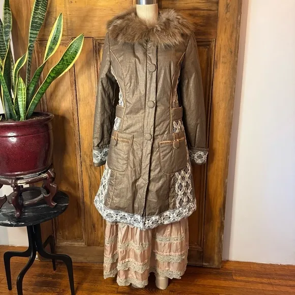 Penny Lane fur cotton crochet puffer button down fur collar coat
