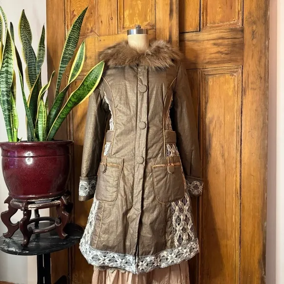 Penny Lane fur cotton crochet puffer button down fur collar coat