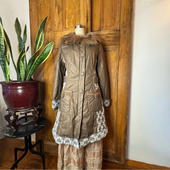 Penny Lane fur cotton crochet puffer button down fur collar coat