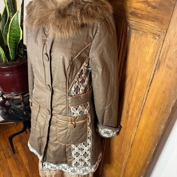 Penny Lane fur cotton crochet puffer button down fur collar coat