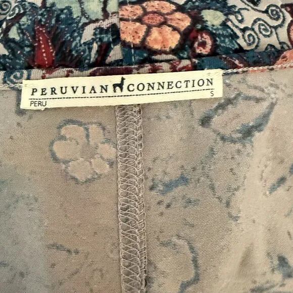 Peruvian Connection Midi Dress Sz Small Floral Boat Neck 3/4 Sleeve Modest EUC