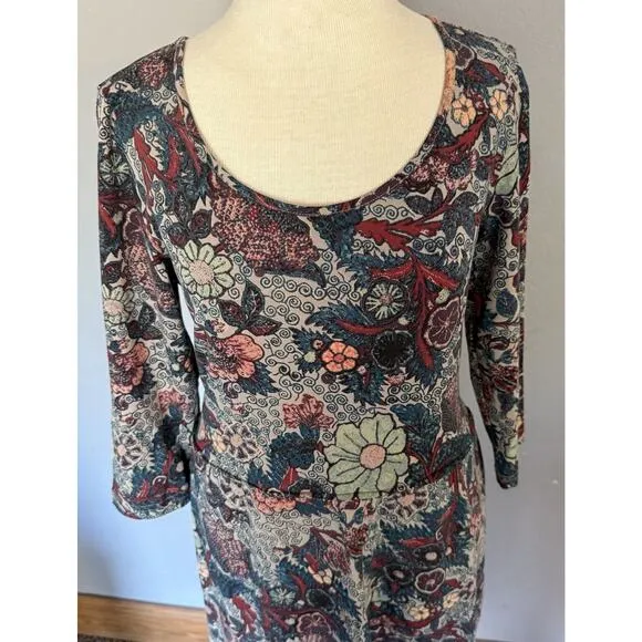Peruvian Connection Midi Dress Sz Small Floral Boat Neck 3/4 Sleeve Modest EUC