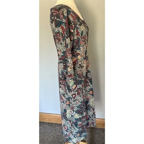 Peruvian Connection Midi Dress Sz Small Floral Boat Neck 3/4 Sleeve Modest EUC