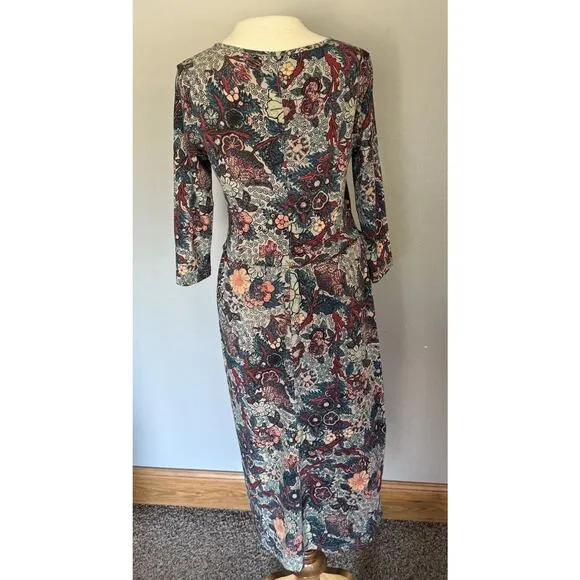 Peruvian Connection Midi Dress Sz Small Floral Boat Neck 3/4 Sleeve Modest EUC