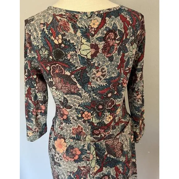 Peruvian Connection Midi Dress Sz Small Floral Boat Neck 3/4 Sleeve Modest EUC
