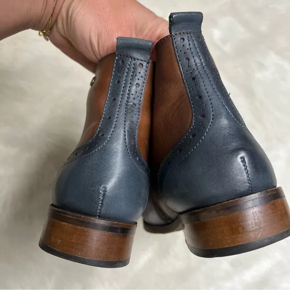 Pikolinos leather royal flat lace up boots, blue and brown color block