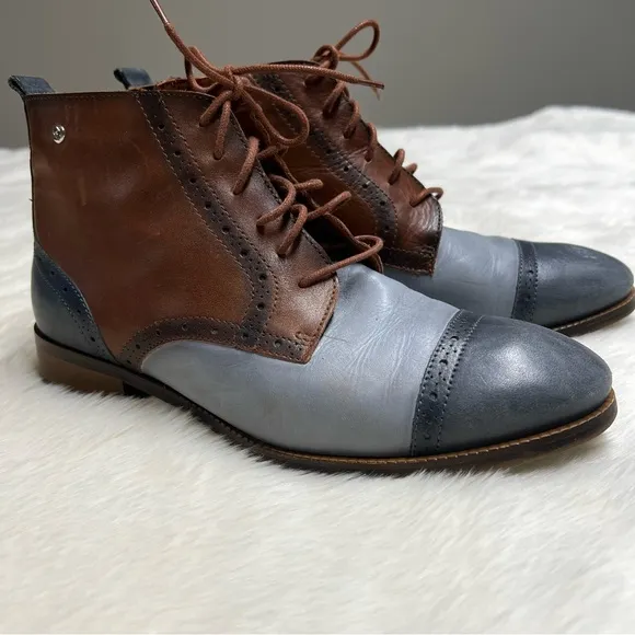 Pikolinos leather royal flat lace up boots, blue and brown color block