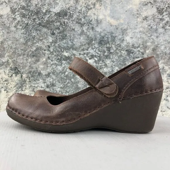 Pikolinos Women's Size 41 (10.5-11) Brown Leather Hook &amp; Loop Wedge Heel Shoes