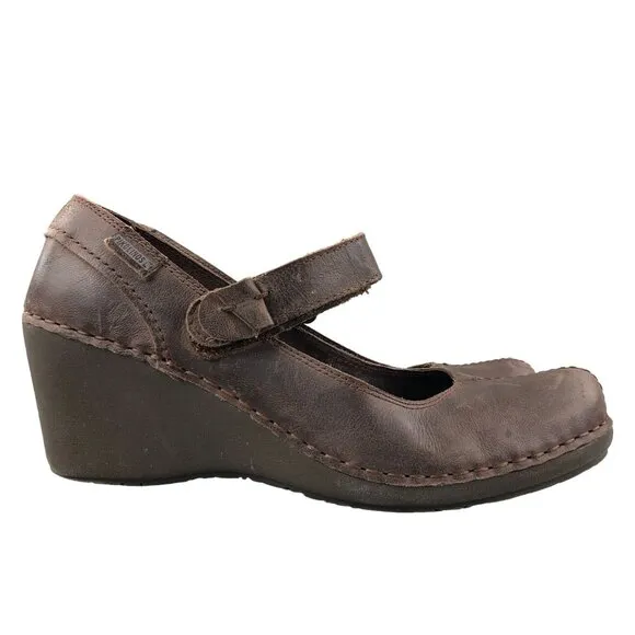 Pikolinos Women's Size 41 (10.5-11) Brown Leather Hook &amp; Loop Wedge Heel Shoes
