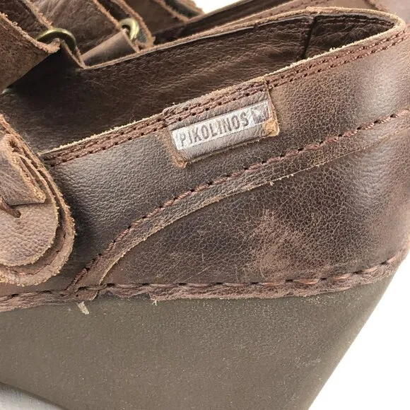 Pikolinos Women's Size 41 (10.5-11) Brown Leather Hook &amp; Loop Wedge Heel Shoes