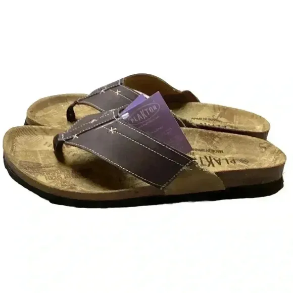 Plakton Women 10.5 43 Leather Cork Flat Thong Slide Sanals Brown Embroidery NEW