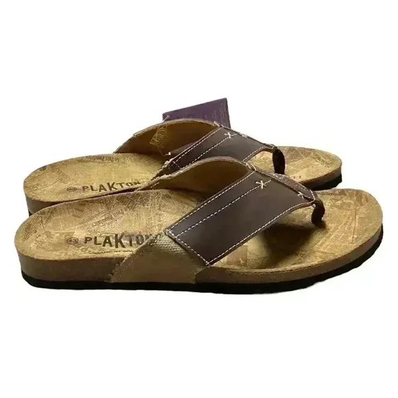 Plakton Women 10.5 43 Leather Cork Flat Thong Slide Sanals Brown Embroidery NEW
