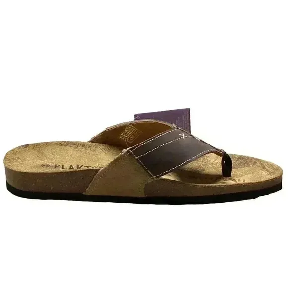 Plakton Women 10.5 43 Leather Cork Flat Thong Slide Sanals Brown Embroidery NEW