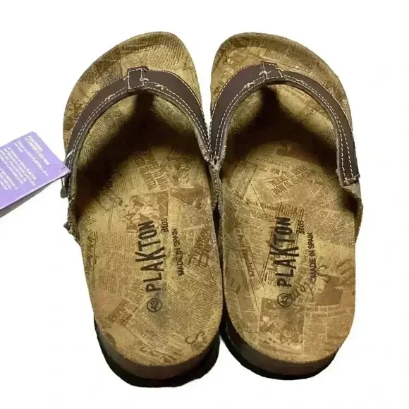 Plakton Women 10.5 43 Leather Cork Flat Thong Slide Sanals Brown Embroidery NEW