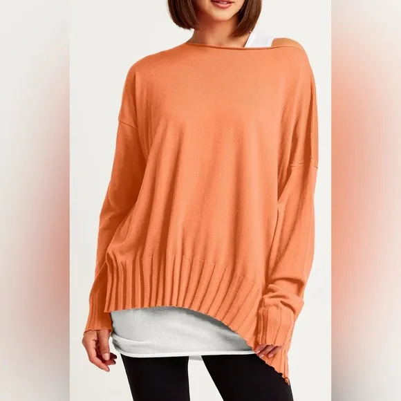 Planet By Lauren G Sweater Womens OS Orange Rib Knit Boat Neck Pima Cotton