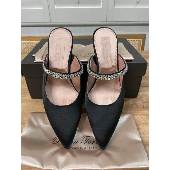 Pnina Tornai 4 Naturalizer Liefde Satin Rhinestone Mules Black Size 9.5 Wide NIB