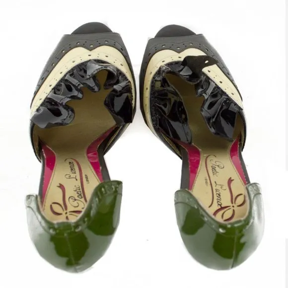 Poetic License Black and Green Ruffle Front Oxford Style Heel Shoes