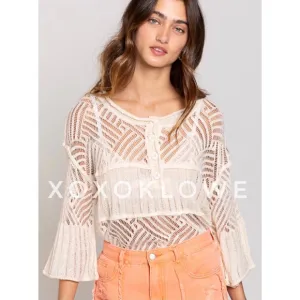 POL Ivory Summer Knit Top Button Neck Relaxed Fit