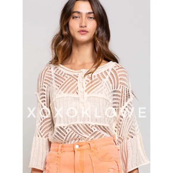 POL Ivory Summer Knit Top Button Neck Relaxed Fit