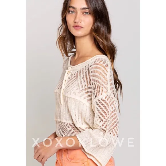 POL Ivory Summer Knit Top Button Neck Relaxed Fit