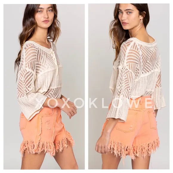 POL Ivory Summer Knit Top Button Neck Relaxed Fit