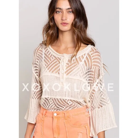 POL Ivory Summer Knit Top Button Neck Relaxed Fit