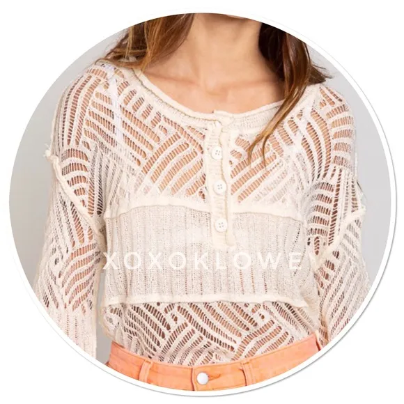 POL Ivory Summer Knit Top Button Neck Relaxed Fit