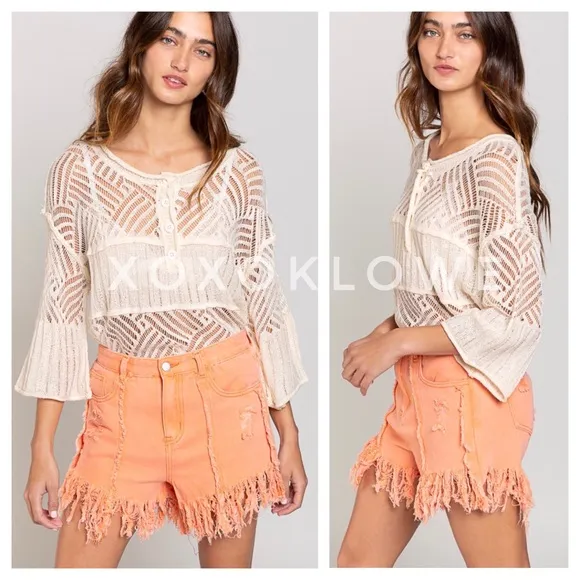 POL Ivory Summer Knit Top Button Neck Relaxed Fit
