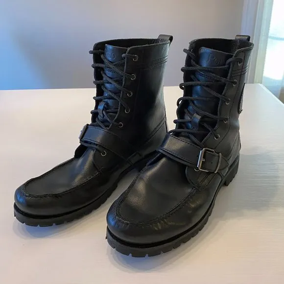 Polo Ralph Lauren Leather Chukka‎ Combat Work Boots Black Strap Buckle Size 12 D