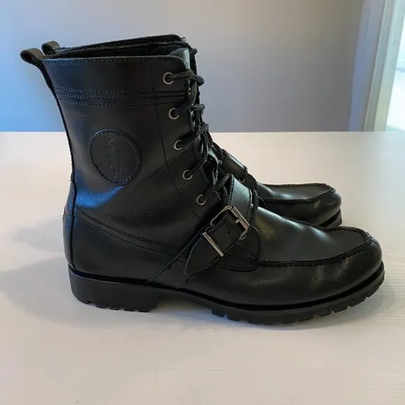 Polo Ralph Lauren Leather Chukka‎ Combat Work Boots Black Strap Buckle Size 12 D
