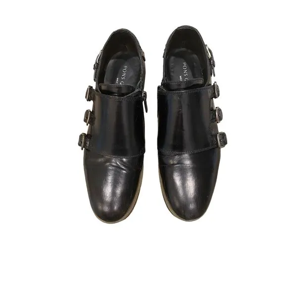 Pons Quintana Black Leather Flat Wedge Shoes Triple Buckle Sz7