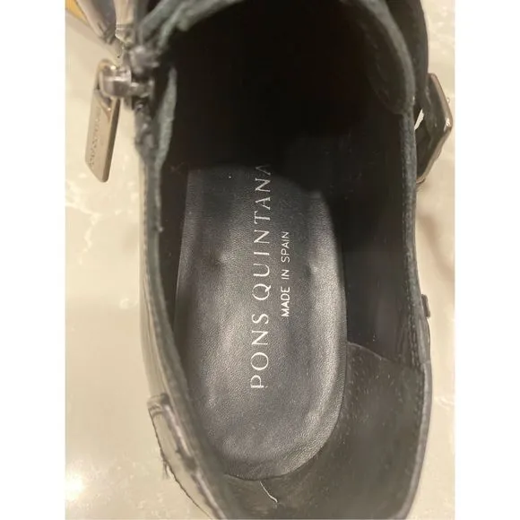 Pons Quintana Black Leather Flat Wedge Shoes Triple Buckle Sz7