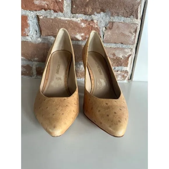 Pour La Victoire Ostrich Leather Cuban Heel Stiletto  Women’s Size 9 Brown/Gold