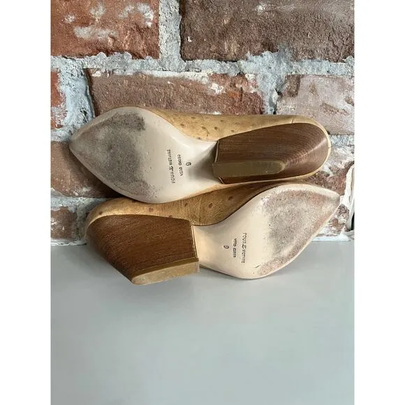Pour La Victoire Ostrich Leather Cuban Heel Stiletto  Women’s Size 9 Brown/Gold
