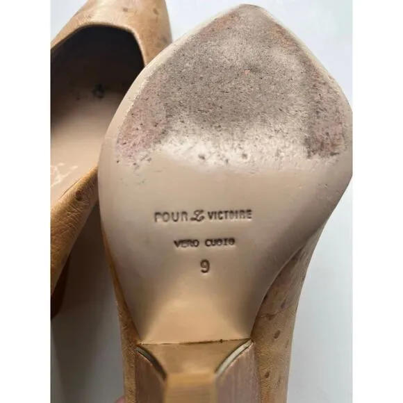 Pour La Victoire Ostrich Leather Cuban Heel Stiletto  Women’s Size 9 Brown/Gold