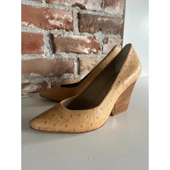 Pour La Victoire Ostrich Leather Cuban Heel Stiletto  Women’s Size 9 Brown/Gold