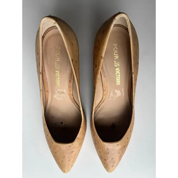 Pour La Victoire Ostrich Leather Cuban Heel Stiletto  Women’s Size 9 Brown/Gold