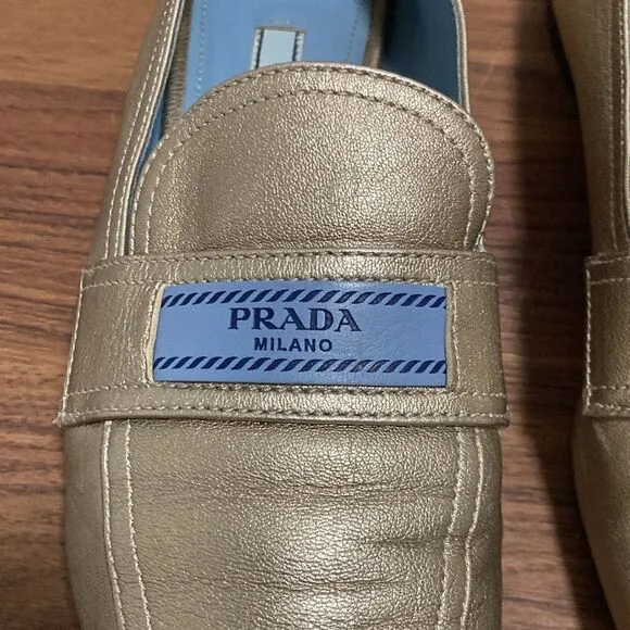 Prada Etiquette Metallic Gold Leather Loafer. Size 37.