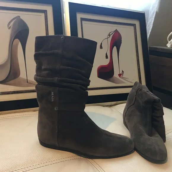 Prada Sport Brown Suede Mid Calf Boot size 37 1/2